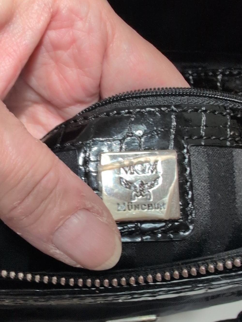 MCM Black Nylon Signature Monogram & Patent Leather Croc Embossed Trim Tote NEW - Picture 14 of 17
